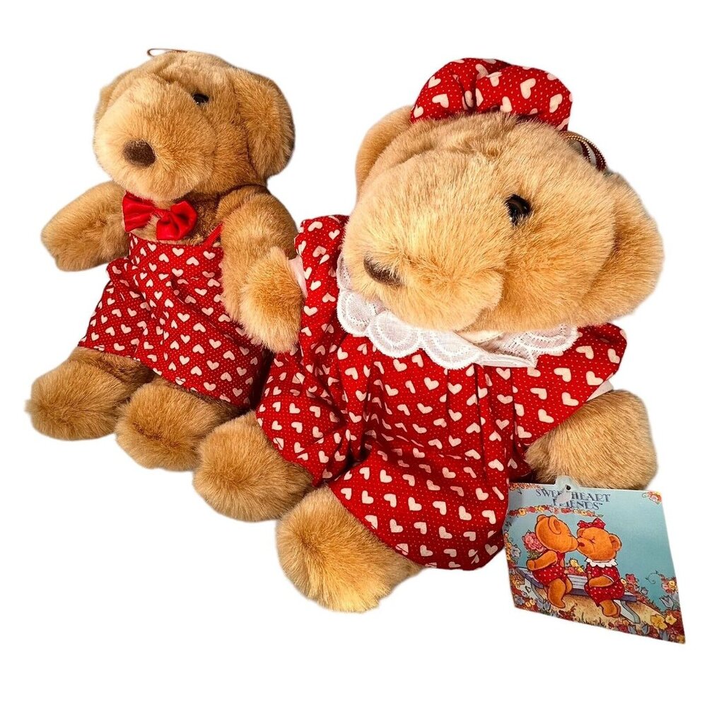 Vtg Commonwealth Teddy Bear Couple Red Hearts Plush 1990 Stuffed Animal Set of 2 - Picture 2 of 13